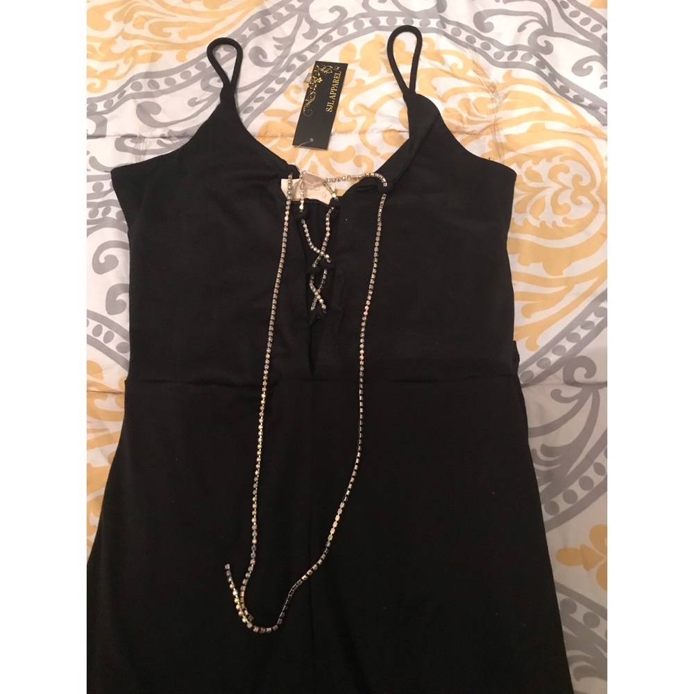 NWT”Women’s All In One Sexy Outfit” Black with lace Rhinestone Tie Up Size:Large - Picture 2 of 4